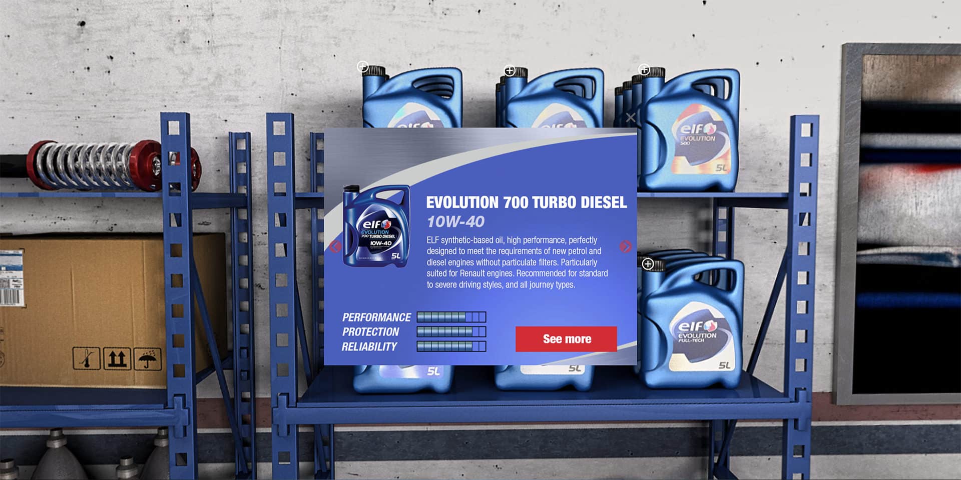 Présentation de la gamme d’huiles moteur Total avec hotspot d’information ouvert sur les caractéristiques produit