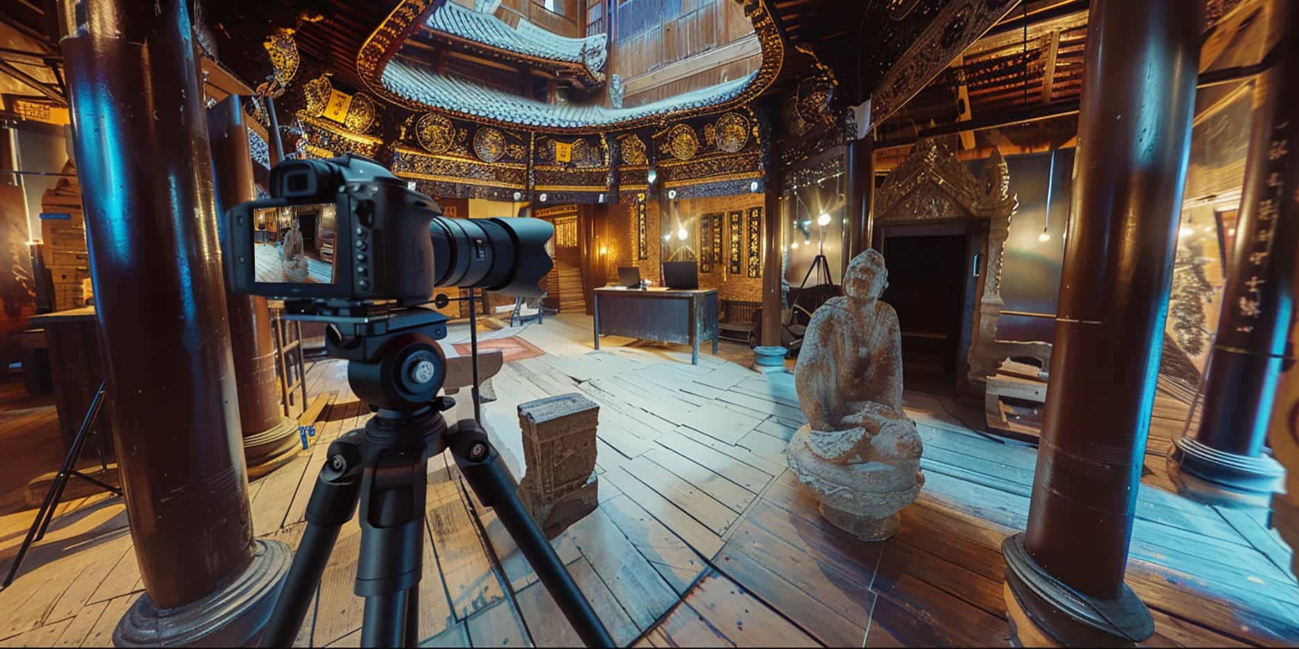 Photographe professionnel réalisant une prise de vue HDR en très haute définition pour une visite virtuelle 360°, dans un espace culturel éclairé naturellement.