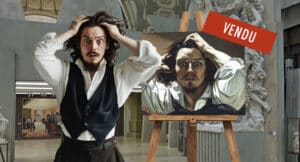 Texte alternatif (alt) : Visite virtuelle satirique Le Désespéré de Courbet — Brigitte Macron, Rachida Dati et Sheikha Al-Mayassa devant un chèque géant au musée d'Orsay