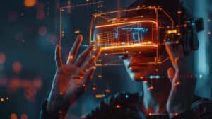 VR interactive - mains manipulant une interface holographique en réalité virtuelle