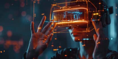 VR interactive - mains manipulant une interface holographique en réalité virtuelle