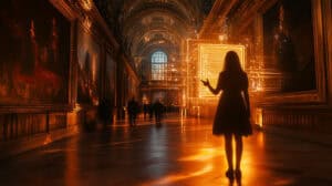 Guide IA visite virtuelle : visiteur interagissant avec un assistant intelligent dans une visite virtuelle 360 de musée