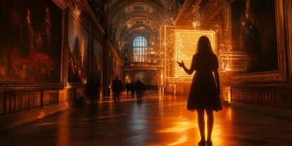 Guide IA visite virtuelle : visiteur interagissant avec un assistant intelligent dans une visite virtuelle 360 de musée