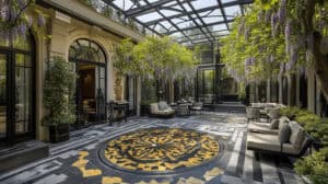 Visite virtuelle du palace Prince de Galles Paris - Cour-jardin Art Déco avec mosaïques classées monuments historiques