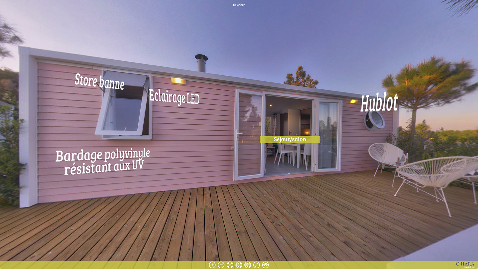 Visite virtuelle mobil home O'Hara Beneteau — grandes baies vitrées agencement 360°